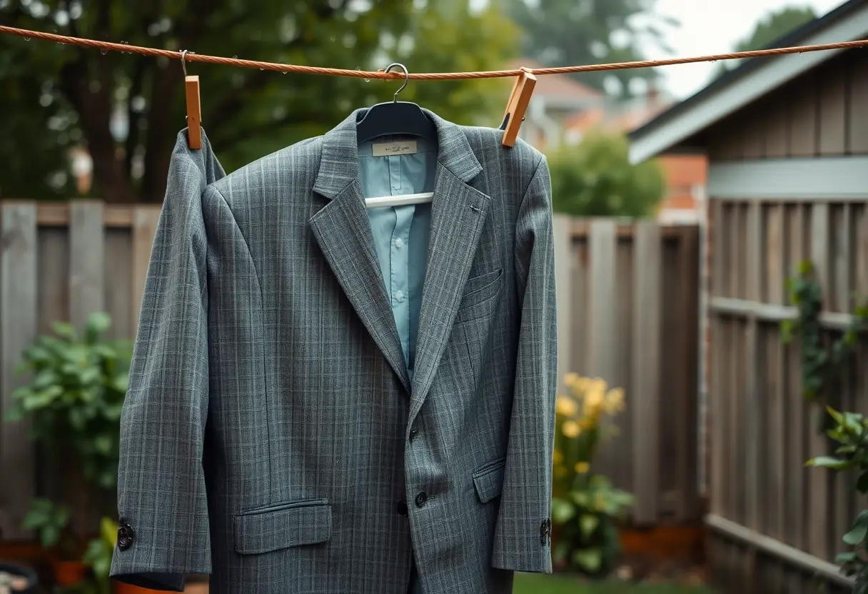 Un costume gris suspendu sur une corde à linge dans un jardin après une pluie légère