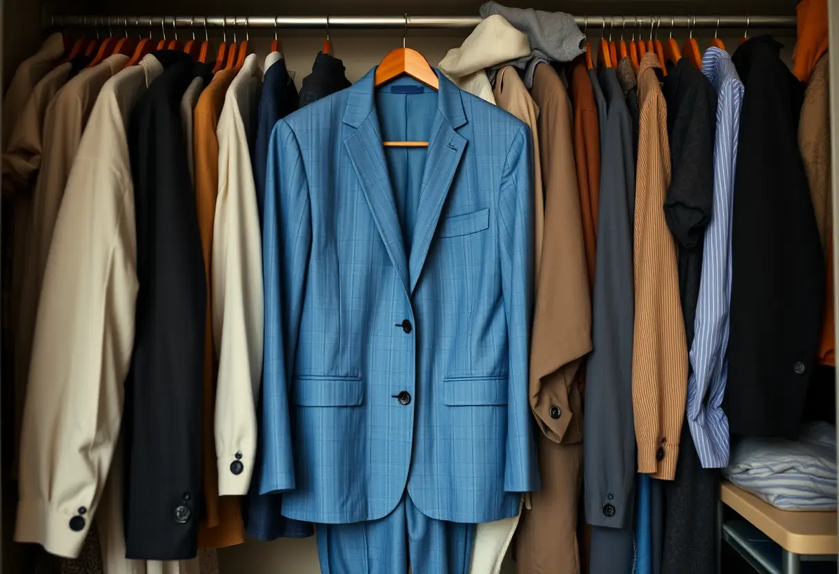 Un costume bleu marine en lin dans un placard rempli de vêtements