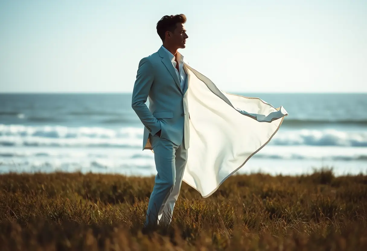 Un silhouetté d'homme portant un costume blanc en coton près de l'océan
