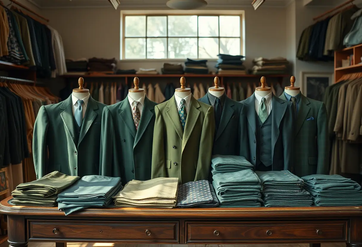 Dans un magasin de vêtements vintage, une collection de costumes verts anciens est pliée sur une table de présentation