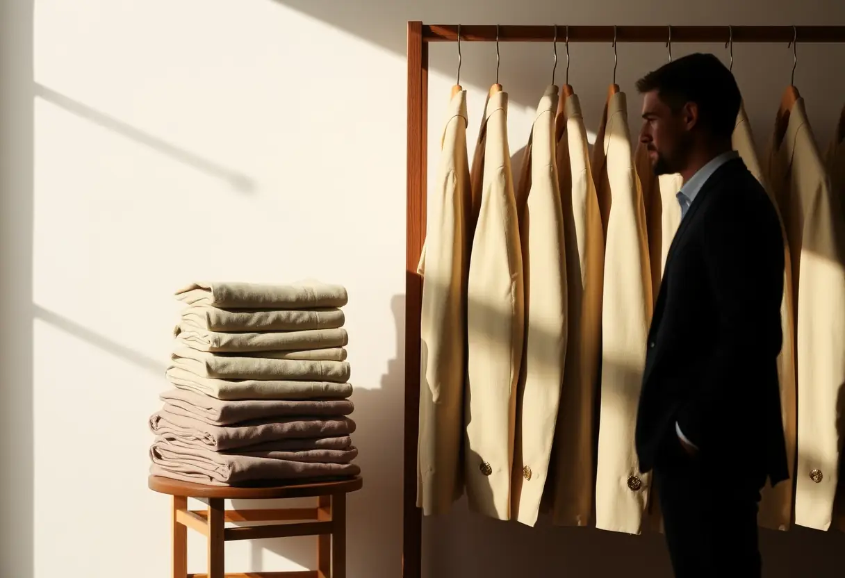 Un silhouette d'homme se tenant près d'une pile de costumes en lin beige pliés sur un porte-manteaux en bois