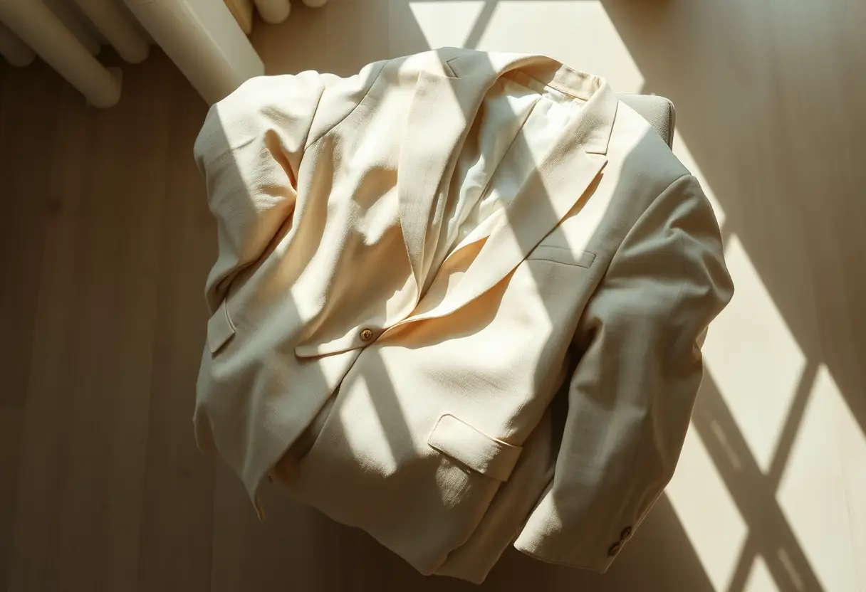 Costume en lin suspendu sur une chaise dans une pièce ensoleillée