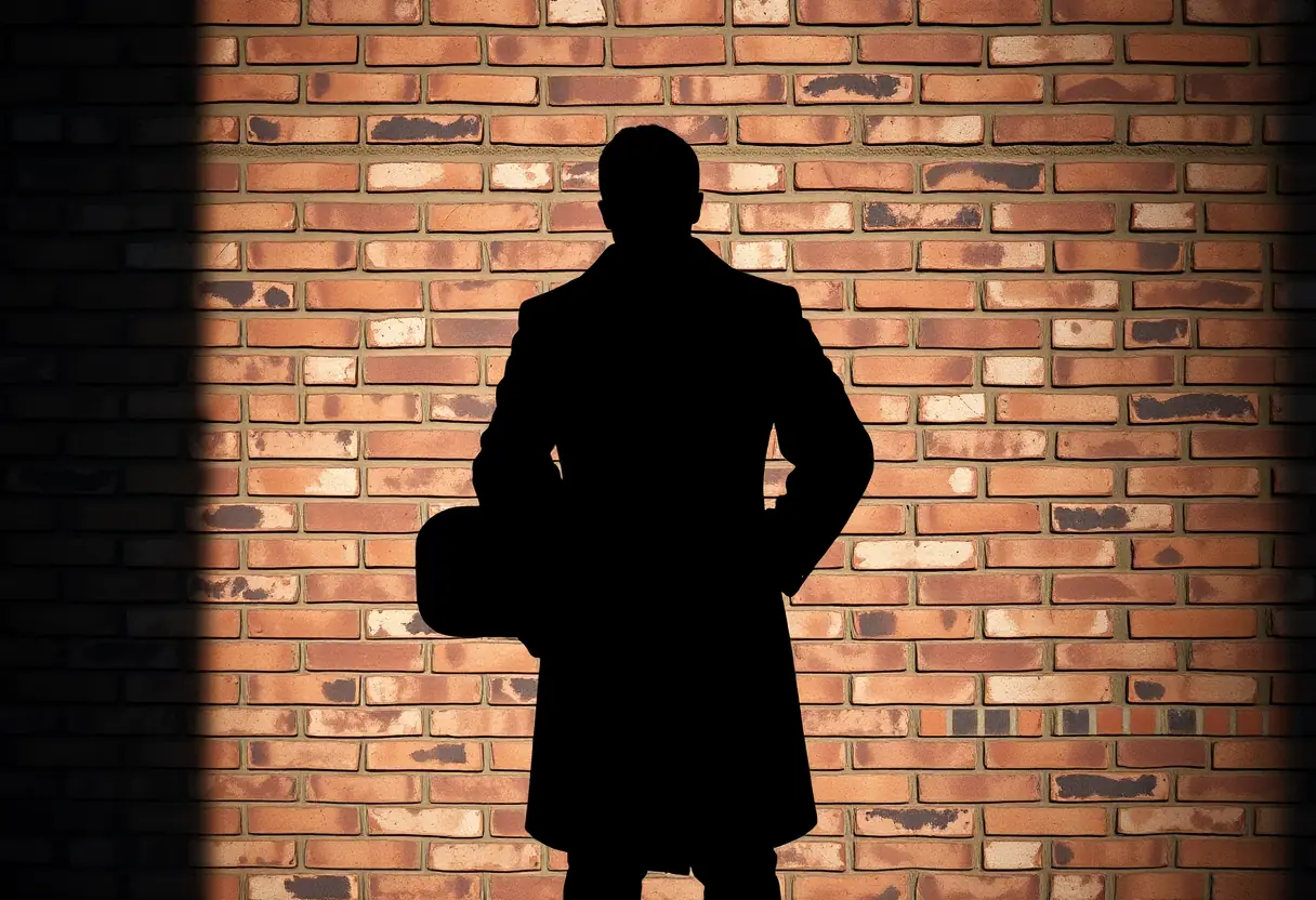 Un silhouette habillée d'un manteau noir en laine tenant un haut-de-forme dans une rue urbaine