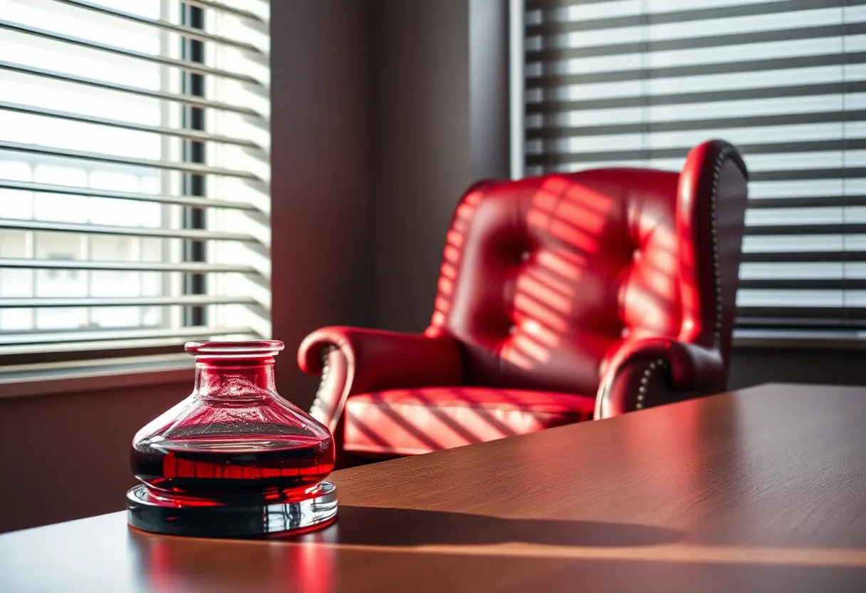 Fauteuil en cuir rouge dans un bureau avec un porte-plume en verre plein d'encre rouge