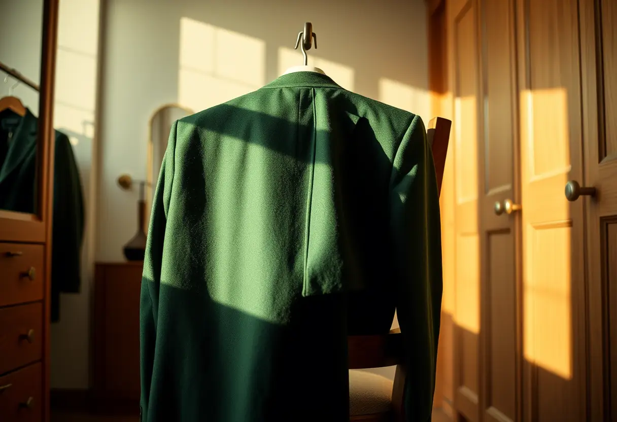 Un costume vert en laine posé sur une chaise dans une pièce baignée de lumière