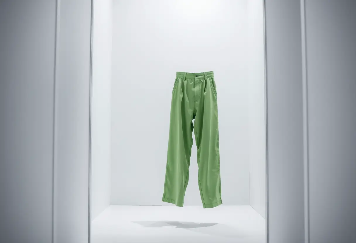 Un pantalon vert d'eau dans une cabine d'essayage, mettant en valeur sa teinte distinctive