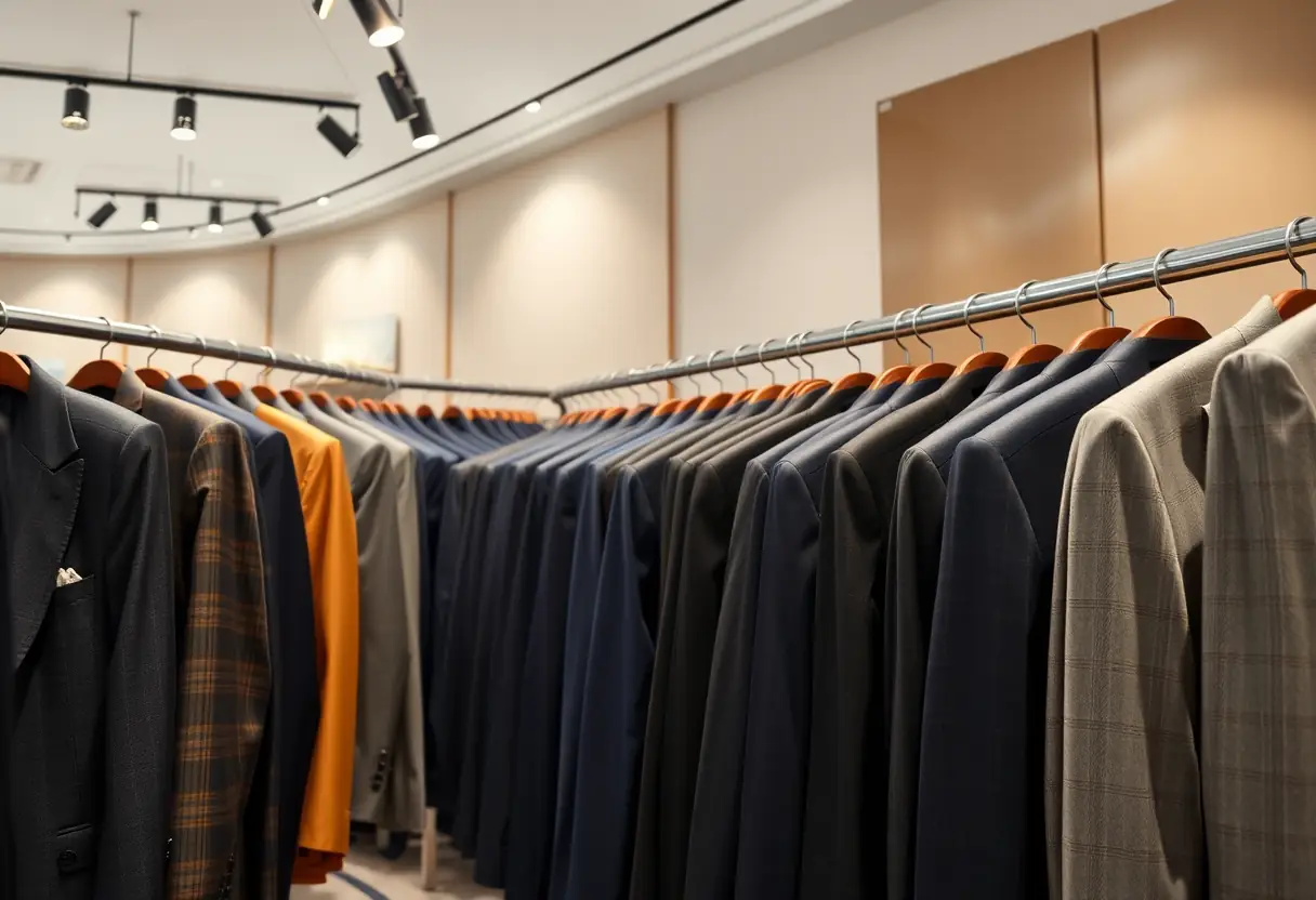 Des costumes suspendus en rangs dans un magasin de vêtements masculins haut de gamme