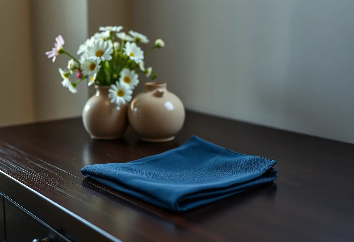 Un carré de pochette plié posé sur une commode en bois foncé aux côtés d'une vasque de fleurs