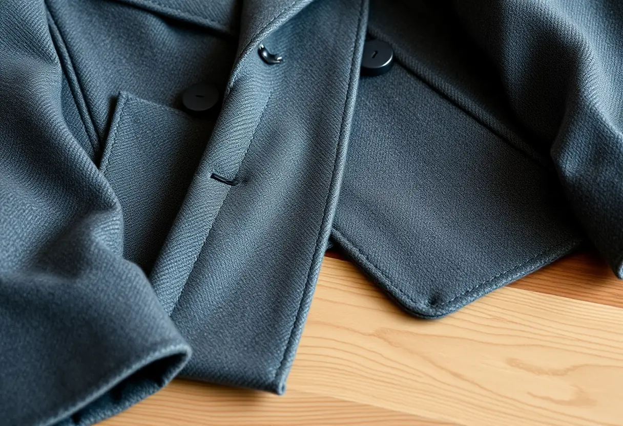 Fermeture distinctive d'une veste croisée en laine de qualité sur un bureau en bois