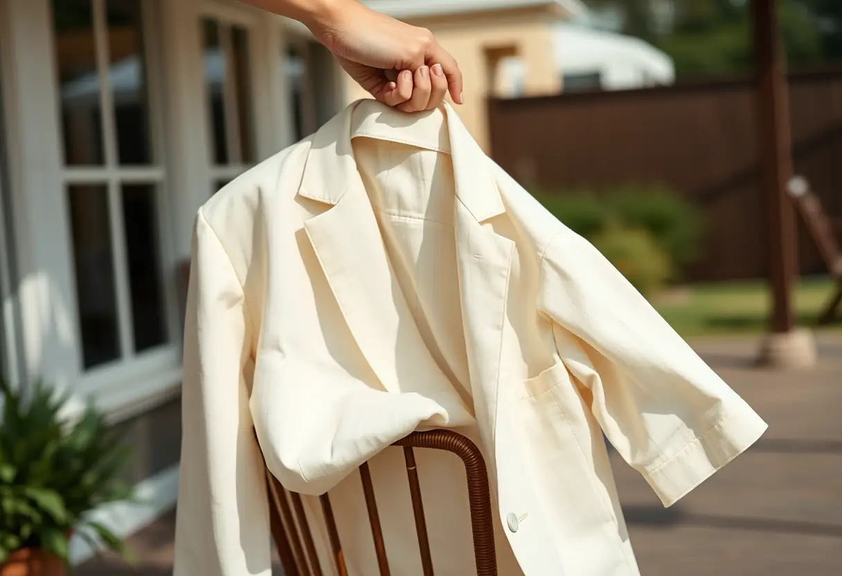 Une main féminine tient un blouson en lin posé sur une chaise, le tissu doux et respirant captant la brise